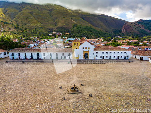 Image of Aerial view of the Plaza Mayor, largest stone-paved square in South America, Villa de Leyva, Colombia