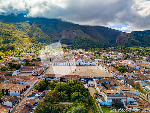 Image of Aerial view of the Plaza Mayor, largest stone-paved square in South America, Villa de Leyva, Colombia