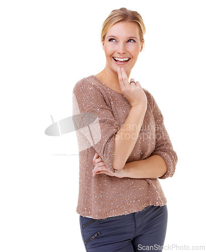 Image of Thinking, idea and happy woman remember in studio, white background and planning mockup. Creative, brainstorming and person with decision, choice and solution with information from faq or memory