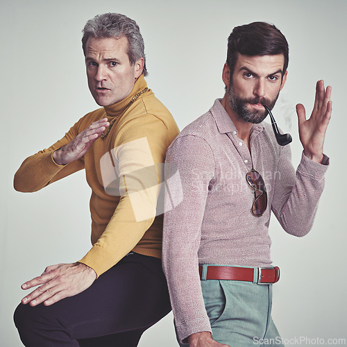 Image of Portrait, men, karate and fashion in studio together with grey background, smart clothes and unique style with smoking pipe. Fashionable, vintage and retro with modern look, elegance and class