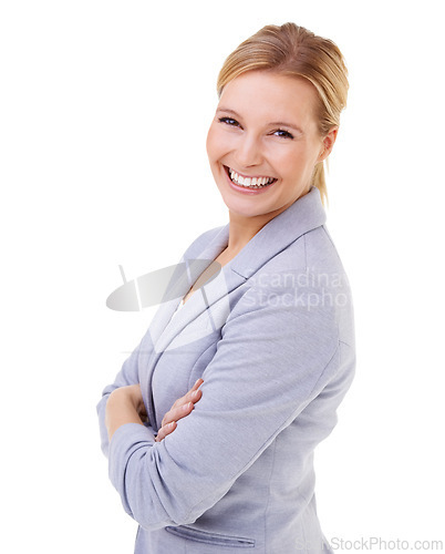 Image of Professional woman, fashion and smile in studio with confidence for startup, success and pride. Happy, entrepreneur and pose with hands on hips for positive, job and career on white background