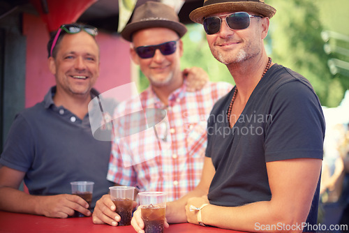 Image of Outdoor, portrait and men with drinks at concert, event or music festival on summer day in Germany. Happy, male friends or brothers with alcoholic beverages for bonding, party or Oktoberfest