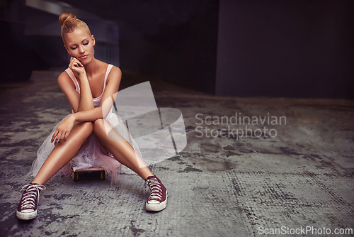 Image of Thinking, ballet and woman with skateboard and sneakers for edgy fashion, trendy outfit and hipster style. Parking lot, aesthetic and serious ballerina on board for dance hobby, sports and skating