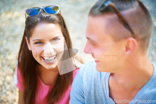 Image of Portrait, smile and couple together at music festival, relax or celebration at event on valentines day date for relationship in summer. Face, man and happy woman laughing at outdoor party or carnival