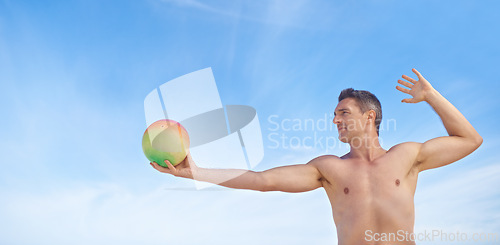 Image of Beach, volleyball and man with fitness, summer and weekend break with recreation and activity. Person, athlete and guy with fun and playing with workout and hobby for wellness, sunshine or healthy