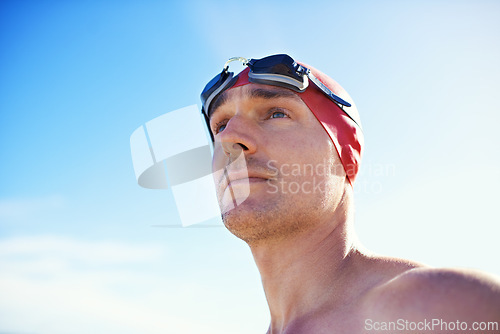 Image of Swimming, goggles and man with thinking, cap and swimmer with wellness and summer break with getaway trip. Person, beach or athlete with protection and seaside with sunshine and fitness with vacation