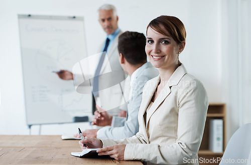 Image of Woman, portrait and notes for work presentation with graphs or business growth, kpi or mentorship. Female person, face and colleagues with white board or results analysis or training, coach or chart