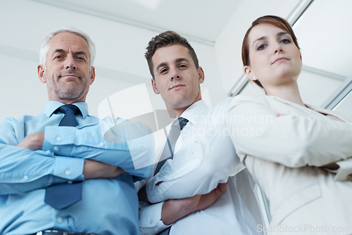 Image of Business people, portrait and confidence for collaboration in office, cooperation and teamwork in workplace. Coworkers, together and pride for company unity, low angle and solidarity by accountants