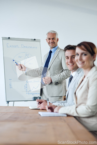 Image of Meeting, presentation and business people, boss and planning with collaboration or corporate training session. Seminar, information and CEO with whiteboard, smile in portrait for team and strategy