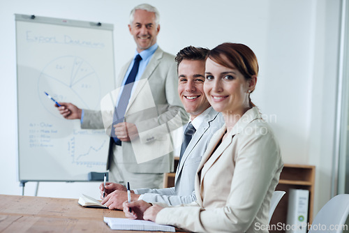 Image of Meeting, presentation and business people, portrait and strategy with collaboration or corporate training session. Seminar, information and CEO with whiteboard, smile for teamwork and planning