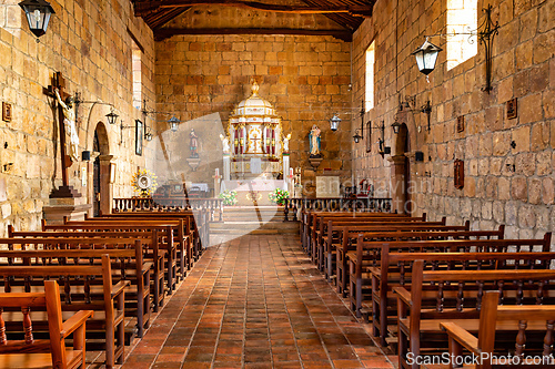 Image of Interior of Parish church of Santa Lucia in Guane, Heritage town, colonial architecture in most beautiful town in Colombia.