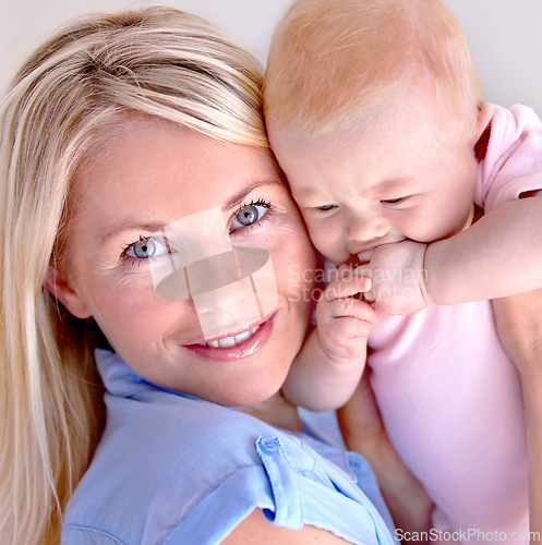 Image of Portrait, family and mother with a baby, love or nurture with happiness or home with wellness. Face, mama or infant with growth or development with kid or single parent with mommy or bonding together