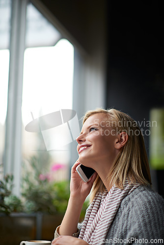 Image of Phone call, thinking and woman in coffee shop happy for connection, social networking and talking. Restaurant, cafe and person on smartphone for conversation, communication and speak with beverage