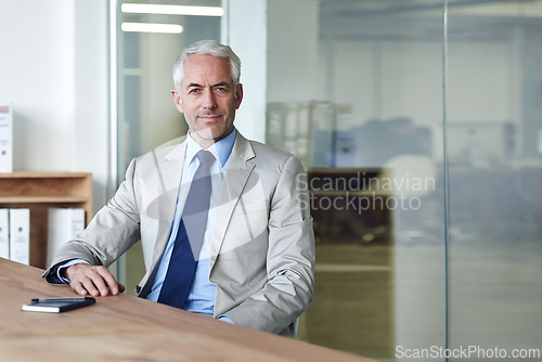 Image of Senior, businessman and expert for firm, portrait and desk in office for recruitment. CEO, man and plan for workspace, boss and human resources at professional company for startup with suit