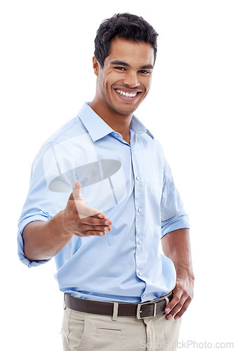 Image of Handshake, offer and business man in studio meeting for job interview, introduction or agreement. Portrait of professional person and client shaking hands, hello and welcome POV on a white background