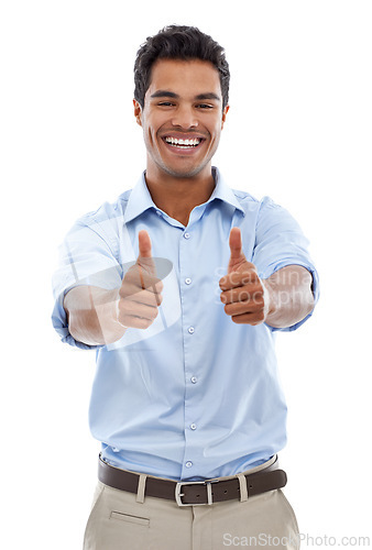 Image of Business man, yes and thumbs up in studio for achievement, support and like emoji or success. Portrait of professional Mexican employee or worker with good job, okay or feedback on a white background