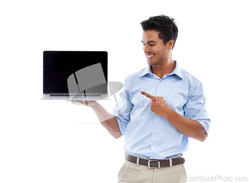 Image of Business man, laptop and point at mockup screen for advertising, ads and info with tech in studio. Software, UX and marketing for web design with presentation or slideshow on white background