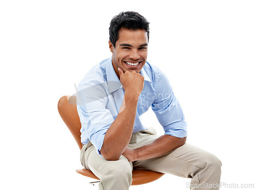 Image of Business man, portrait and smile in studio, corporate employee and career in sales on white background. Professional, positivity and pride with happy salesman sitting in chair and confidence