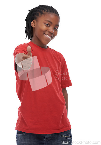 Image of Boy, child and portrait with smile and thumbs up for yes or feedback, review and OK on white background. Support, vote and happy, hand gesture or like emoji in studio with thanks you or praise