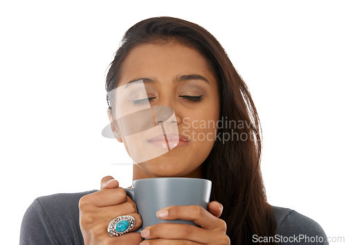 Image of Coffee, aroma and Indian woman with peace, smelling and model isolated on a white studio background. Person, mockup space and girl with a fresh cup of tea and cappuccino with mug, gratitude and break