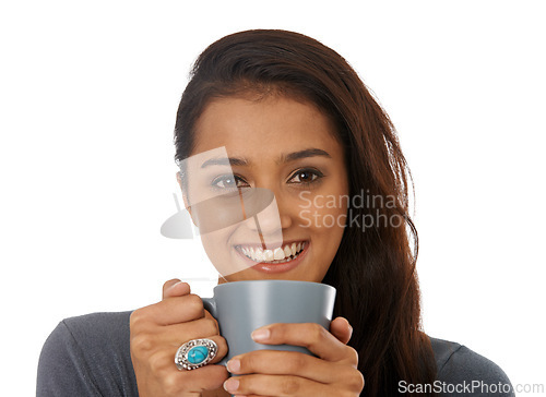 Image of Woman, drinking tea and relaxing in studio portrait, caffeine and comfortable on white background. Female person, smile and calming tea or hot beverage for peace, inspiration and espresso to enjoy