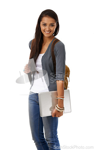 Image of Portrait, smile and Indian woman with laptop, student and model isolated on a white studio background. Person, college and girl with backpack and computer with happiness and knowledge with education