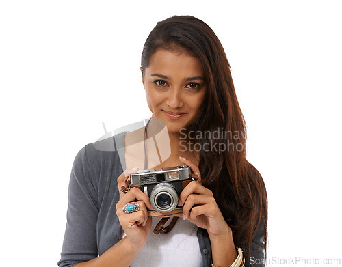 Image of Woman, photographer and vintage camera in studio, portrait and pride for picture or production. Happy female person, retro equipment and confident on white background, photoshoot and lens for hobby