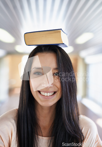 Image of Student, balance and portrait of woman with books for learning, studying and reading in university. Education, college and happy person with textbooks for knowledge and information in campus library