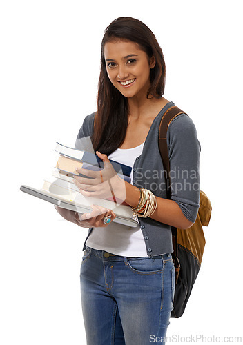 Image of Woman, student and books in studio portrait, ready and textbooks for knowledge on white background. Female person, backpack and smile for studying, education and preparing for university or college