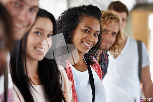 Image of Friends, students and bonding on college campus, portrait and ready for university and education. People, diversity and learning or start school together, academy and preparing for studying in class