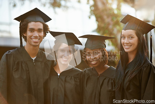 Image of Friends, students and portrait at graduation, hugging and united for university success or achievement. People, smile and pride at outdoor ceremony, education and solidarity for college milestone