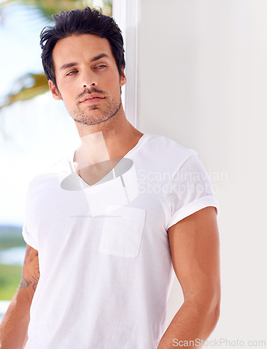 Image of Man, thinking and serious about fashion outdoor in summer with memory of vacation or holiday. Casual, style and calm person relax in sunshine and remember idea for travel to Miami and Florida