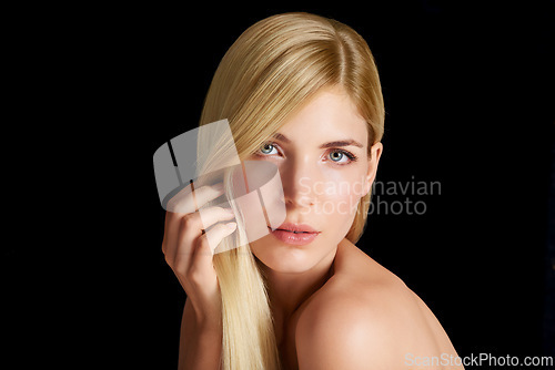 Image of Beauty, haircare and portrait of woman with straight hairstyle, salon care and keratin isolated in dark studio. Styling, treatment and face of blonde girl with healthy hair shine on black background.