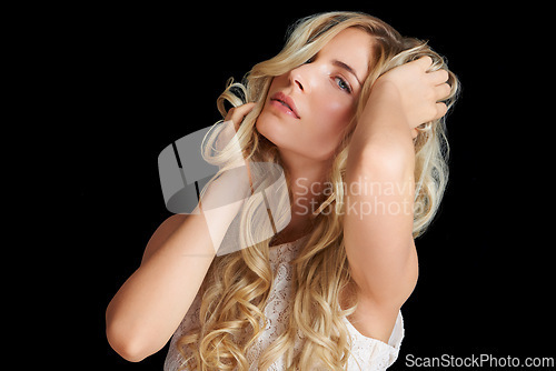 Image of Beauty, hair and portrait of girl with style, keratin treatment and blonde hairstyle isolated in dark studio mockup. Salon care, healthy glow and face of woman with haircare on black background space