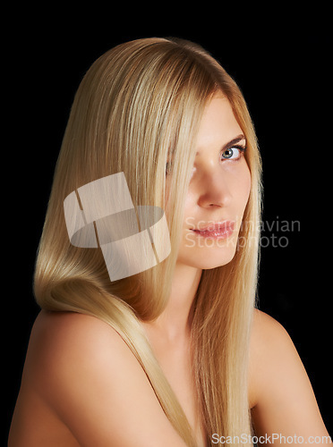 Image of Beauty, hair and portrait of woman with blonde hairstyle, salon care and keratin treatment isolated in dark studio. Styling, glow and face of girl with healthy haircare shine on black background.