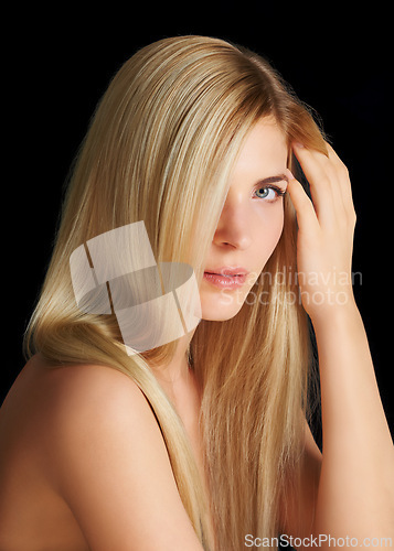 Image of Beauty, hair and portrait of woman with straight hairstyle, salon care and keratin isolated in dark studio. Styling, treatment and face of blonde girl with healthy haircare shine on black background.