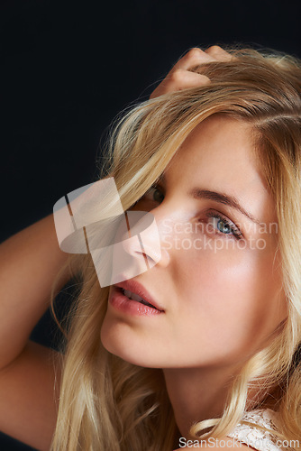 Image of Beauty, hair and portrait of woman with style, keratin treatment and blonde hairstyle isolated in dark studio. Salon care, healthy growth and face of girl with cosmetic haircare on black background.