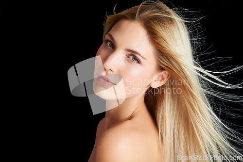 Image of Shine, hair and portrait of woman in wind with straight hairstyle, salon beauty and mockup isolated in dark studio. Styling, keratin treatment and face of girl with haircare on black background space