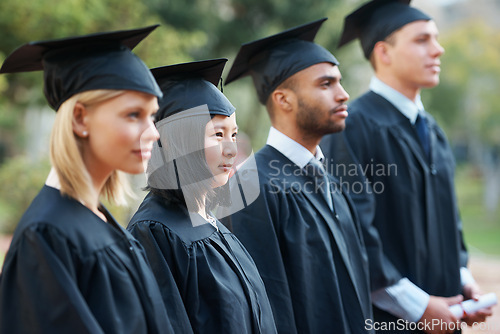 Image of Line, graduation and students in college or university to celebrate school diploma or degree. Diversity, graduate scholarship or proud women with men or education certificate ready for ceremony event