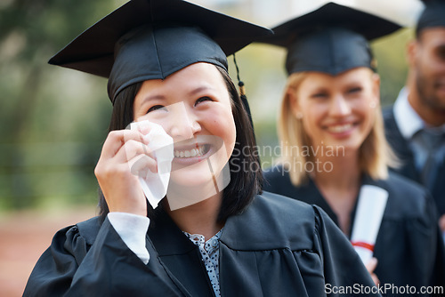 Image of Students, graduation and woman with crying, excited and happiness with success and ceremony. People, tears and outdoor with person and friends with diploma and celebration with degree or university