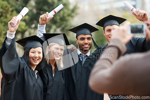 Image of Photograph, graduation or students in college or university to celebrate school diploma or degree. Group picture, happy graduate friends or proud women with education for goals, target or success