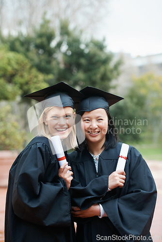 Image of Graduation, campus or portrait of friends with education, future goal or studying for opportunity. Women, smile or happy college graduate with success, certified achievement or university scholarship