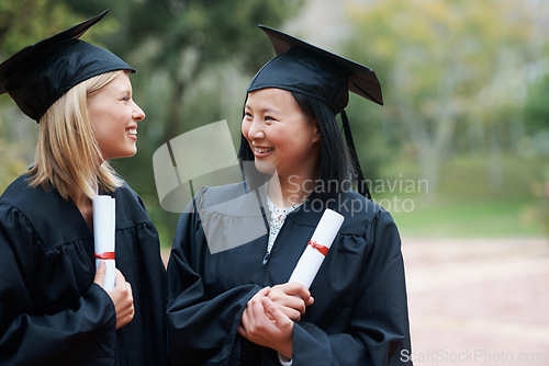 Image of Graduation, campus or friends happy with education event, future goal or studying for opportunity. Women, smile or proud college graduate with success, certified achievement or university scholarship