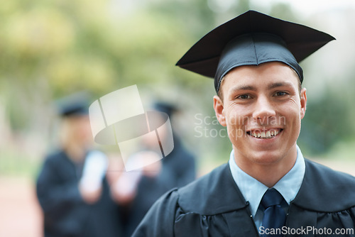 Image of Graduation, campus or portrait of happy man with education, future goals or studying for opportunity. Pride, smile or college graduate with success, certified achievement or university scholarship