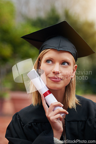 Image of Graduation, certificate and future with student woman outdoor on campus for university or college event. Thinking, planning and vision with young graduate at school for education or scholarship