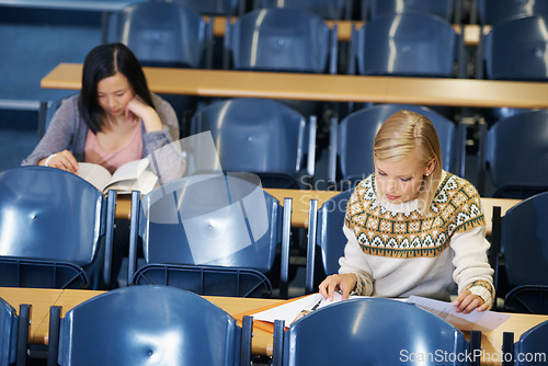 Image of University, students and writing notes in lecture, hall and learning in class with education. College, campus and people studying for test in school and reading project, research or knowledge