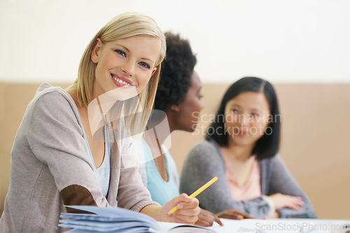 Image of Student, university and woman in classroom portrait, information and notes for studying. People, books and knowledge in education for learning, problem solving and ideas for solution in assessment