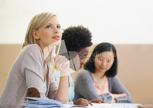 Image of Student, woman and planning in university classroom, information and notes for research. People, thinking and knowledge in education for learning, problem solving and ideas for solution in assessment