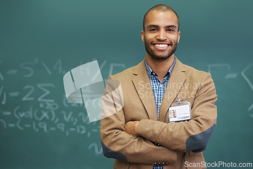 Image of Teacher, portrait and chalk board for math class or education learning or professor, university or confidence. Male person, lecturer and face at USA college or studying numbers, equations or geometry
