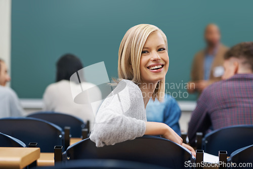 Image of Portrait, students and woman with knowledge, funny and university with learning and studying. Face, people and girl in lecture hall with academy, education and scholarship in a classroom and happy